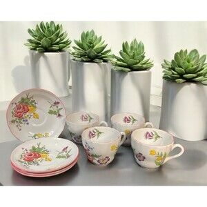 Set of 4 Spode England Marlborough Sprays Teacups Coffee Cups & Saucers England